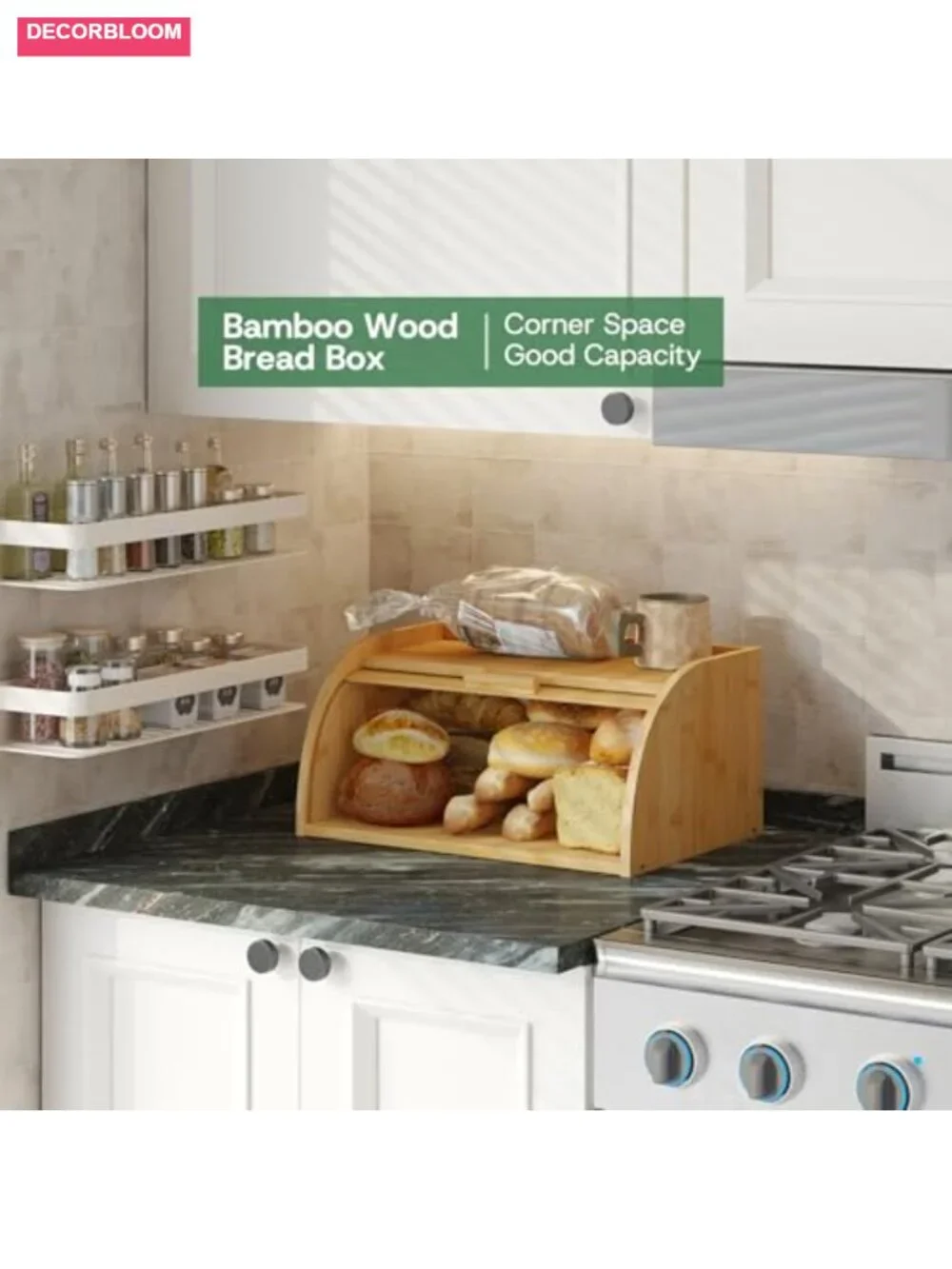 Bamboo Wood Bread Box with Roll-Top for Kitchen Countertop Storage